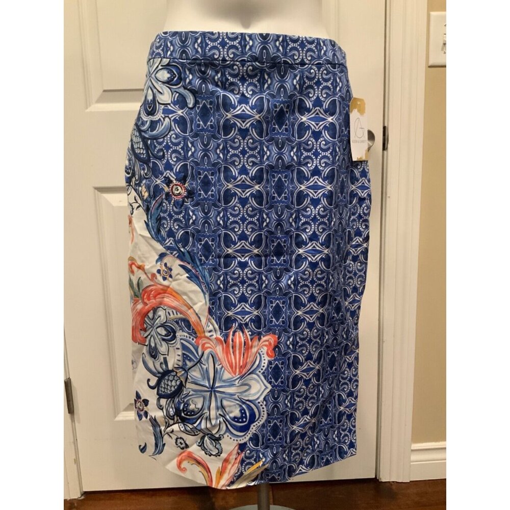 Moulinette Soeurs Blue, White, & Orange Floral Pencil Skirt, Size 4 (US)